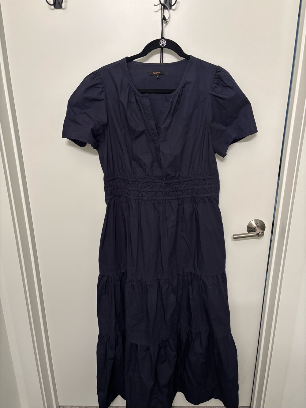 Quince Navy Short-Sleeve Maxi Dress with Smocked Waist